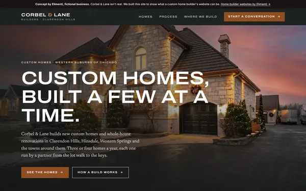Homepage of the Corbel & Lane Builders concept site on a desktop screen