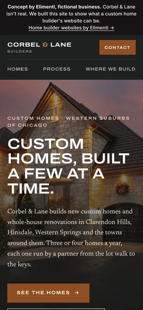 Homepage of the Corbel & Lane Builders concept site on a phone
