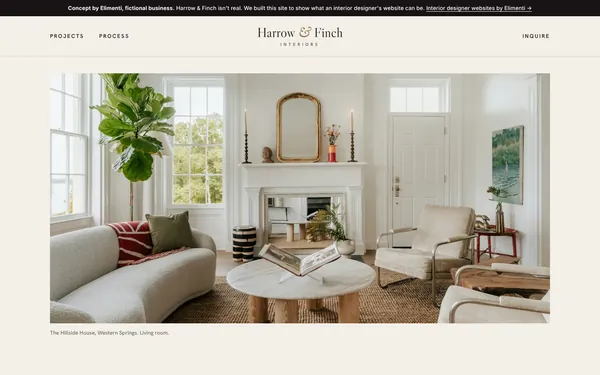 Homepage of the Harrow & Finch Interiors concept site on a desktop screen