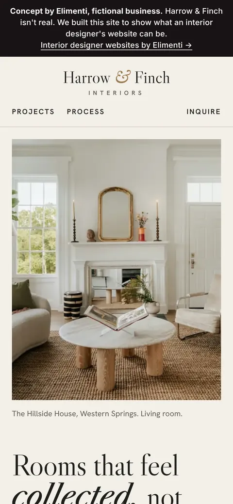 Homepage of the Harrow & Finch Interiors concept site on a phone