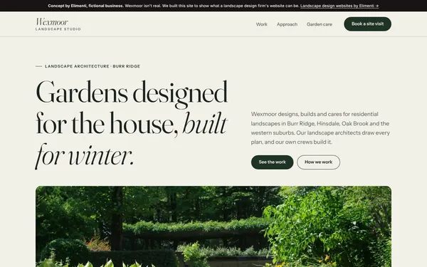 Homepage of the Wexmoor Landscape Studio concept site on a desktop screen