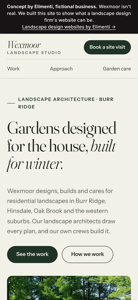 Homepage of the Wexmoor Landscape Studio concept site on a phone