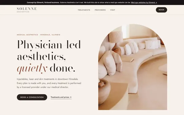 Homepage of the Solenne Aesthetics concept site on a desktop screen