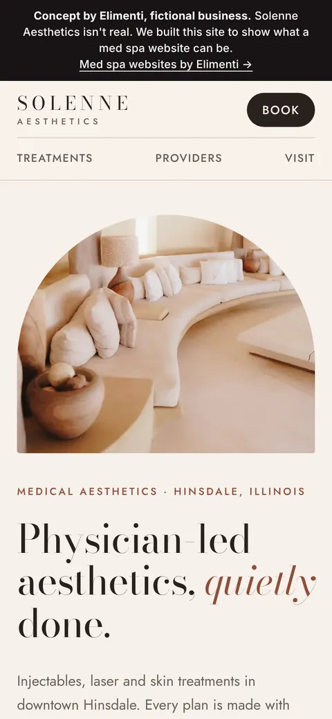 Homepage of the Solenne Aesthetics concept site on a phone