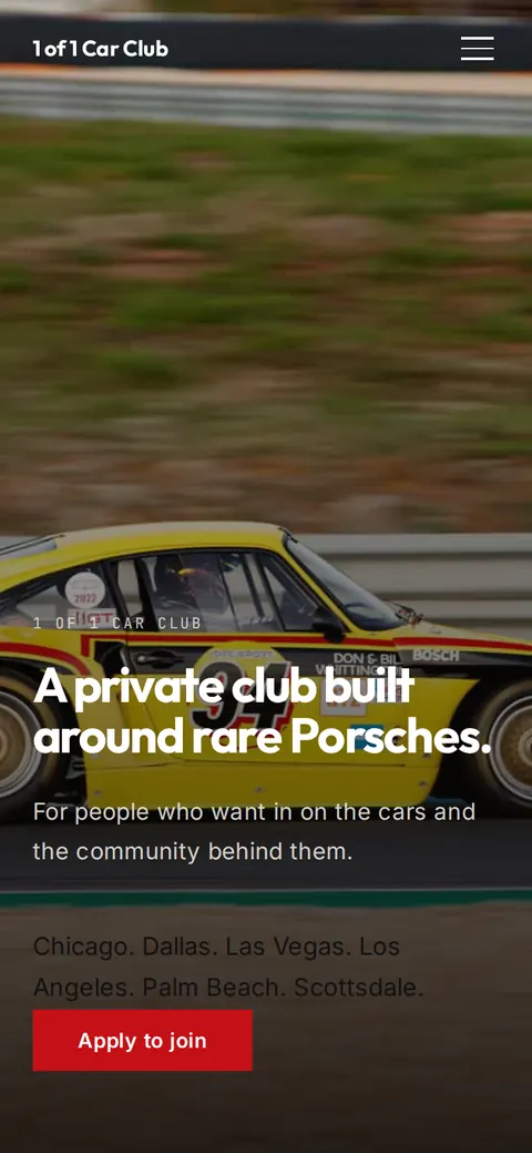 Homepage of the 1 of 1 Car Club website on a phone