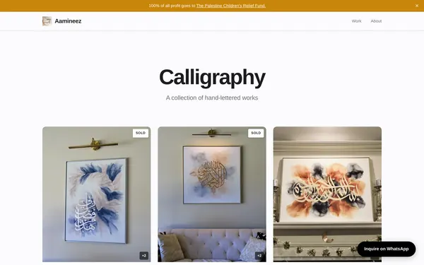 The calligraphy gallery on aamineez.art on a desktop screen