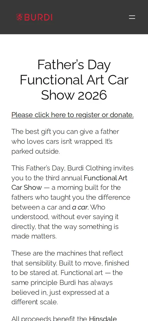 Burdi Clothing's Father's Day Functional Art Car Show 2026 event page on a phone