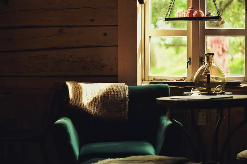 A green velvet armchair in a dark-paneled library lit by one window