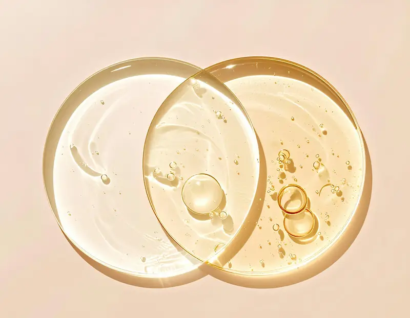 Drops of golden serum on a soft peach surface